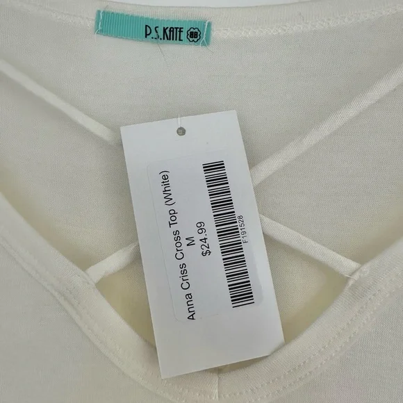 P.S. Kate Anna Criss Cross Top Semi Sheer Off White Tunic 3/4 Sleeve Size M - Picture 8 of 10